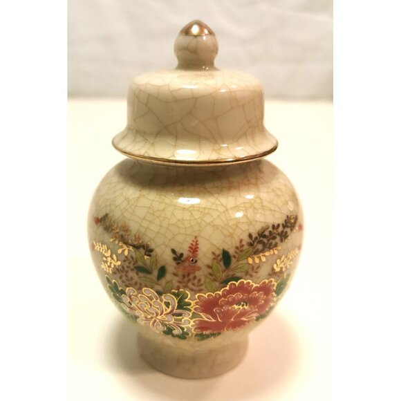 Vintage Japanese Kutani Ginger Jar – Crackle Glaze, Hand-Painted Floral 4.5" - Picture 1 of 10